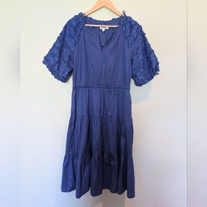 Chico's Blue V-Neck Puff Sleeve Midi Dress